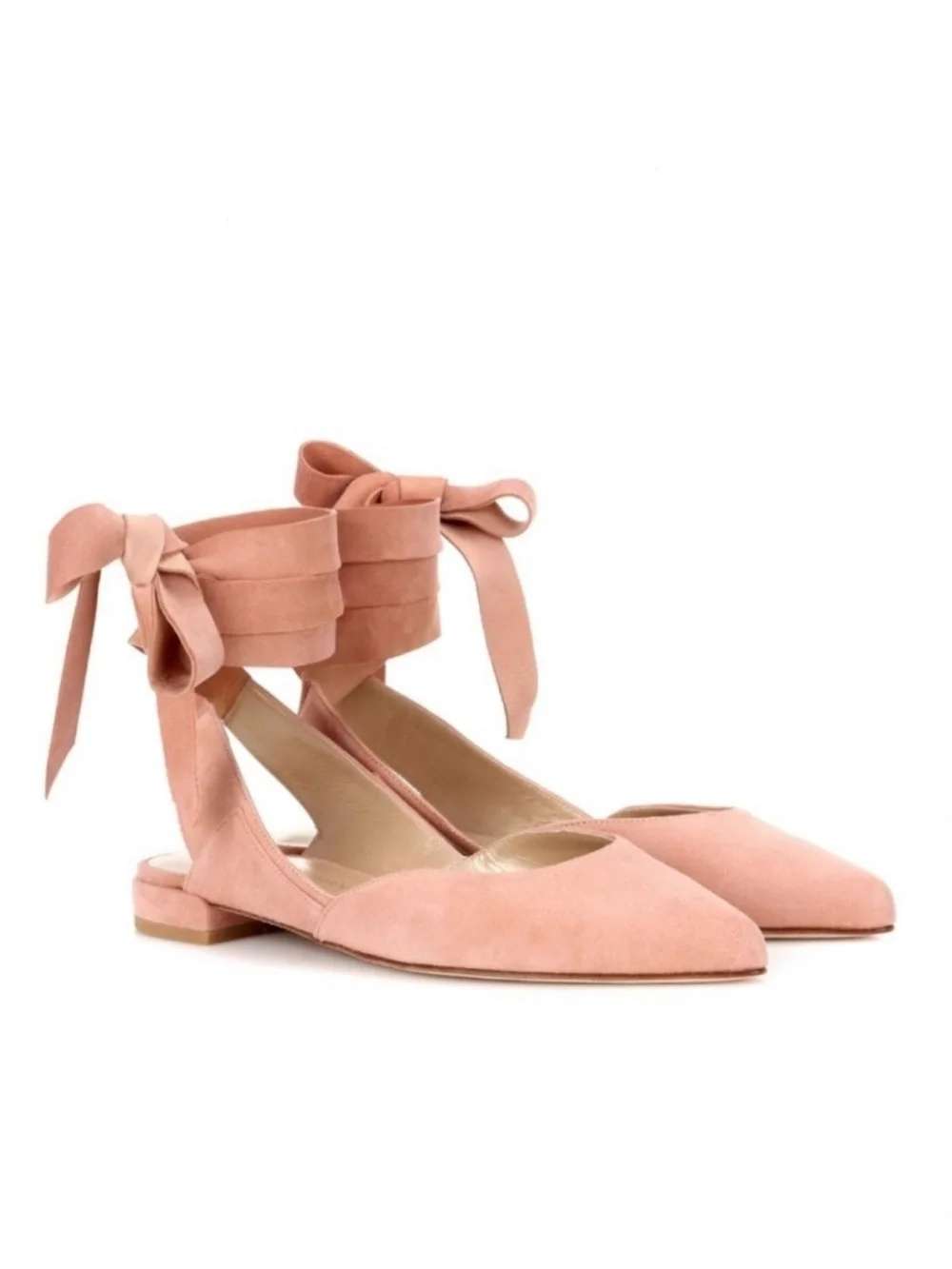 Stuart Weitzman Supersonic Suede Ballet Flats-Pointed Toe Ankle Tie Dusty Pink